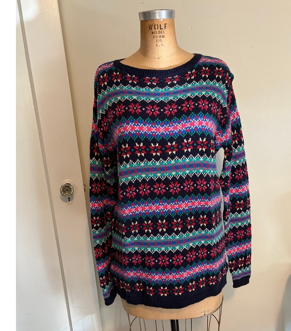 Vintage Laura Ashley Fair Isle Sweater M/L Scotland Cotton Grannycore